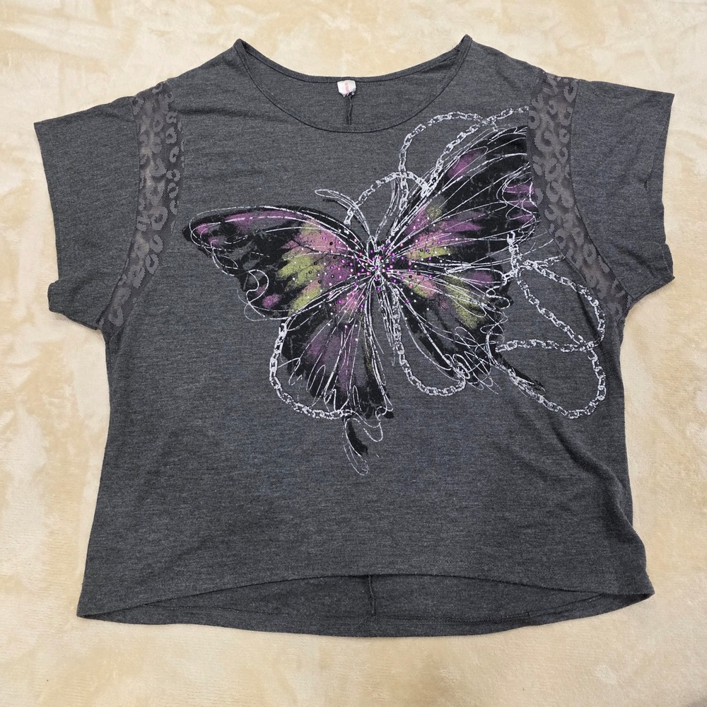 Y2K No Boundaries Gray Butterfly Graphic T Shirt Womens S Small Oversized Bling